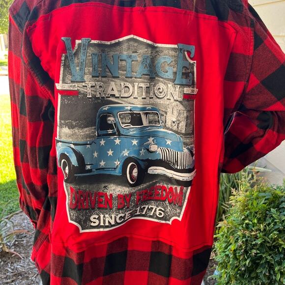 USA Tradition Truck Flannel Shirt upcycled one of a kind unisex large - Picture 1 of 8